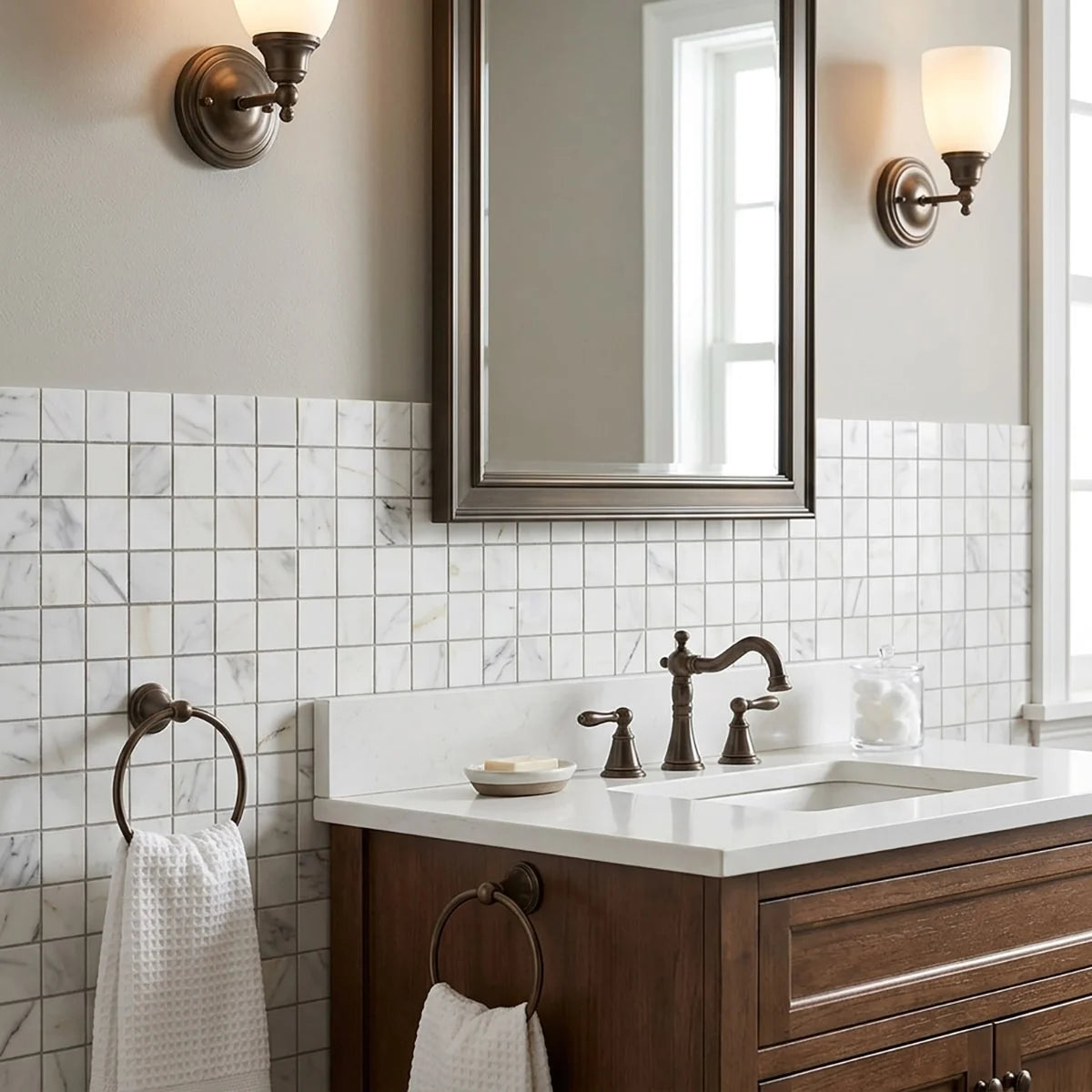 Calacatta Gold Honed Marble White mosaic, product image. Premium marble for floors and walls.