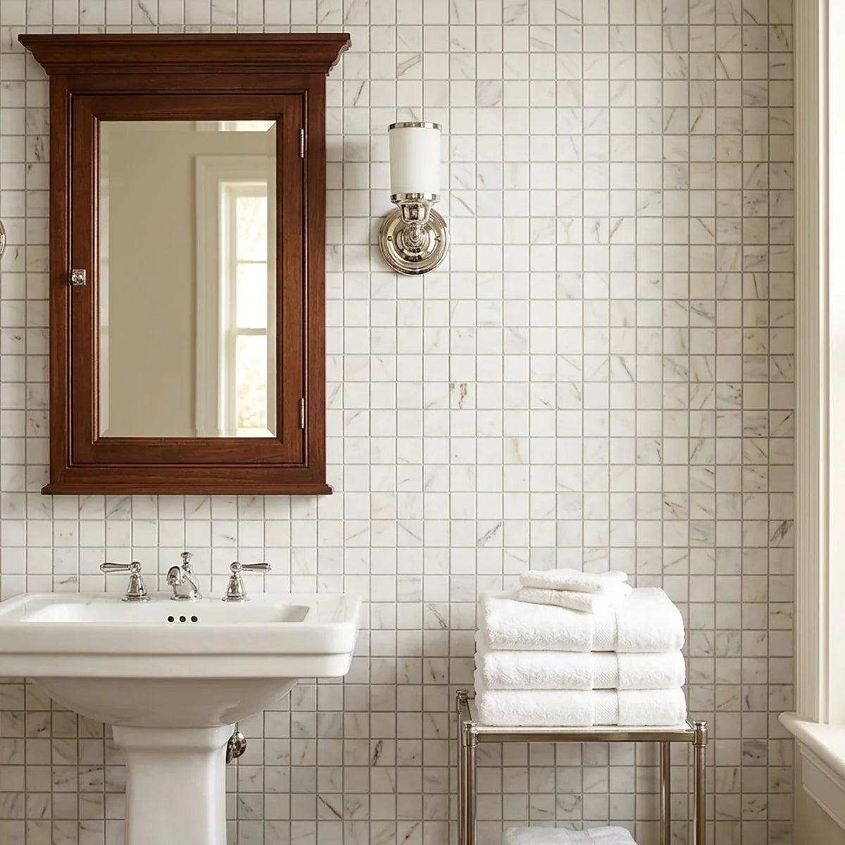 Calacatta Gold Honed Marble White mosaic, product image. Premium marble for floors and walls.
