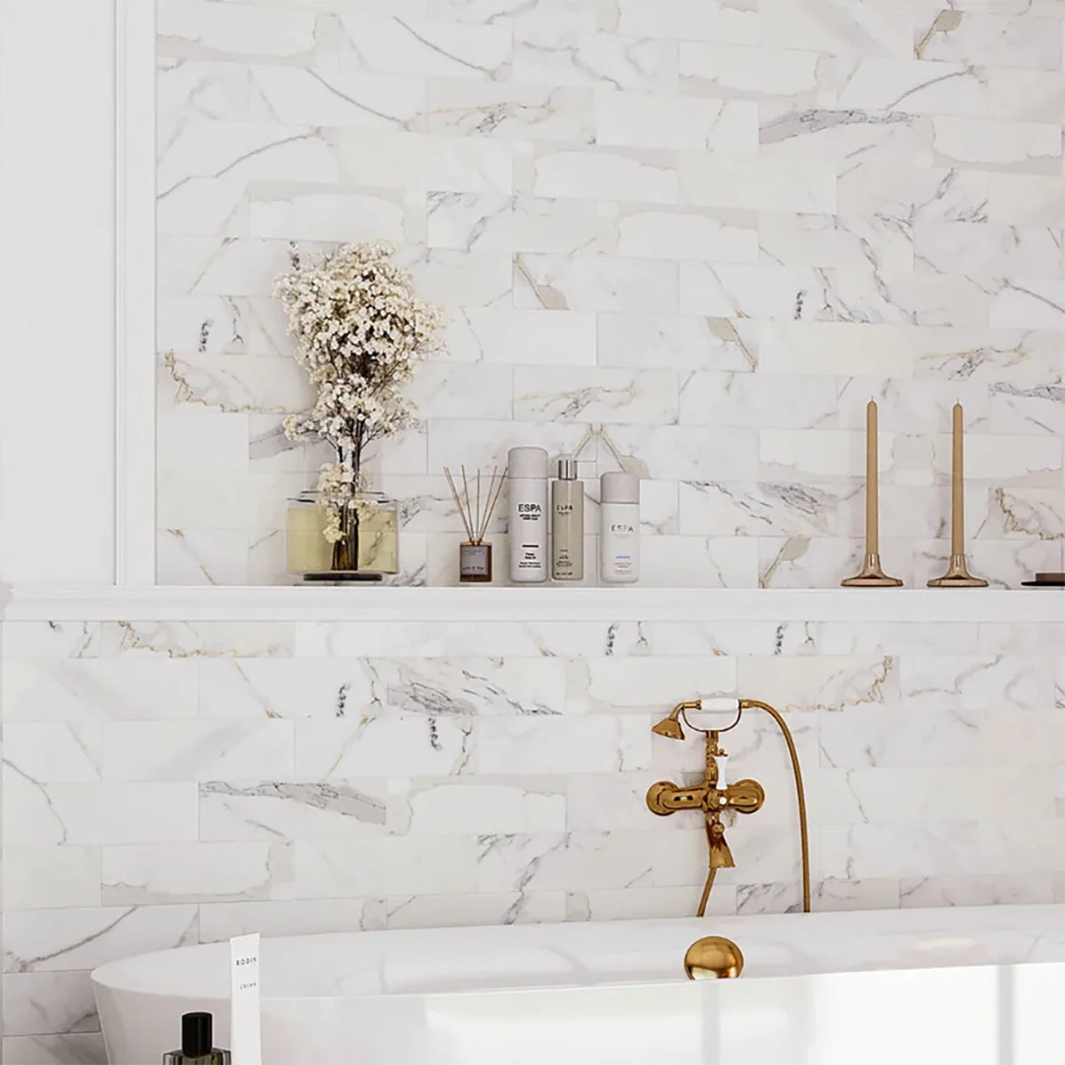 Calacatta Gold Honed Marble White field tile, product image. Premium marble for floors and walls.