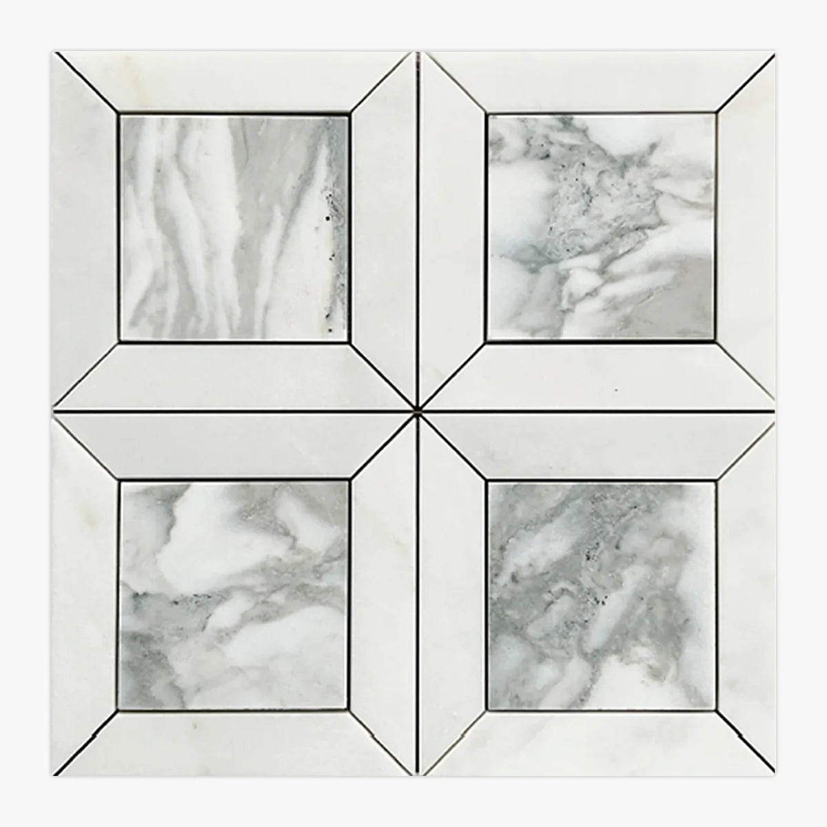 Calacatta Oliva Honed Marble White mosaic, top-down product view. Premium marble for floors and walls.