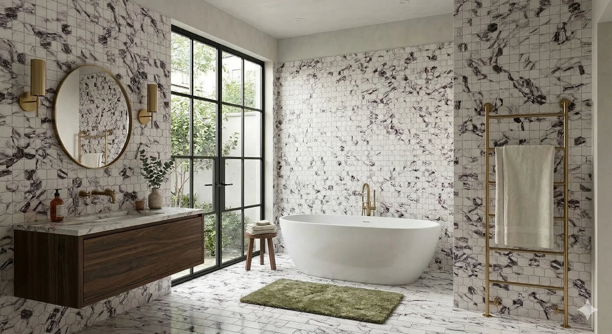 Calacatta Viola Polished Marble White mosaic, product image. Premium marble for floors and walls.