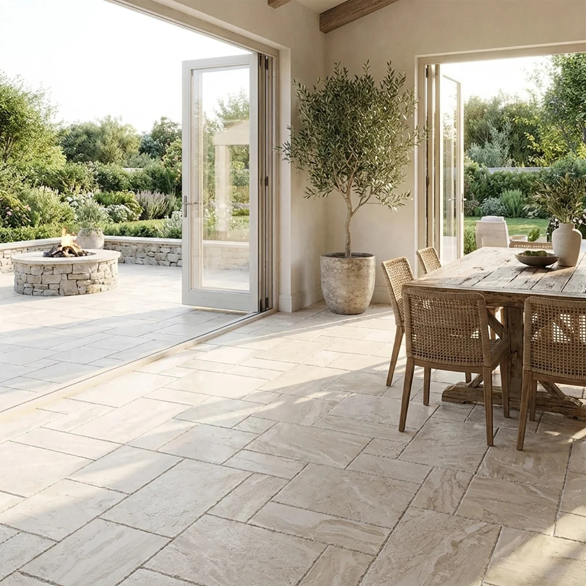 Essentials Natural Stone Beige pattern, lifestyle installation view. Premium marble for floors and walls.