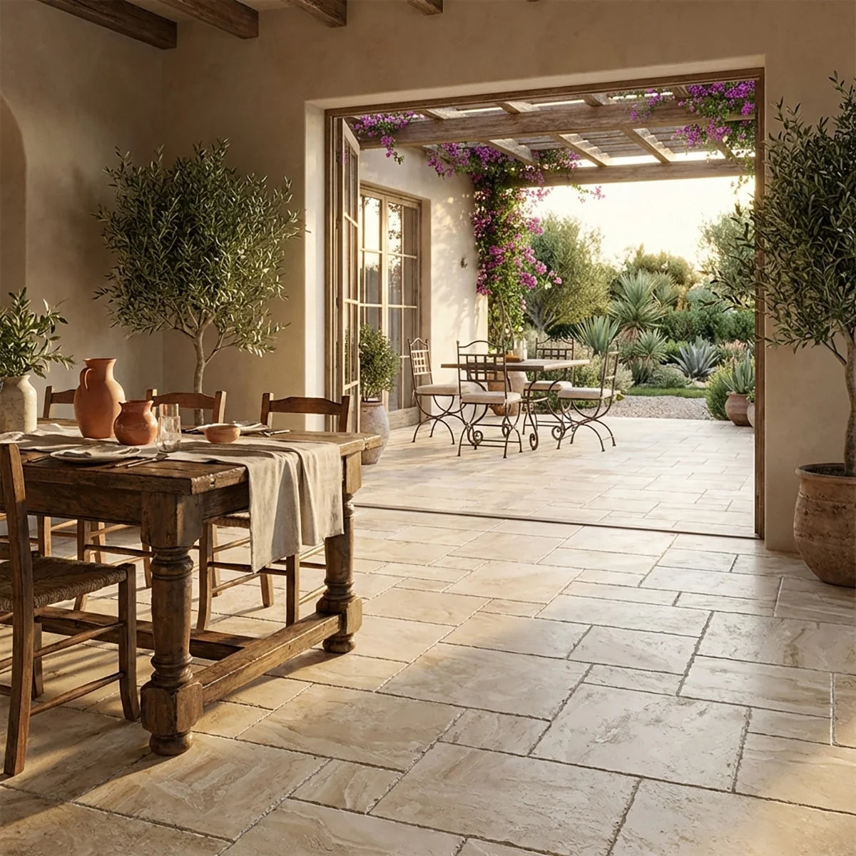 Essentials Natural Stone Beige pattern, lifestyle installation view. Premium marble for floors and walls.