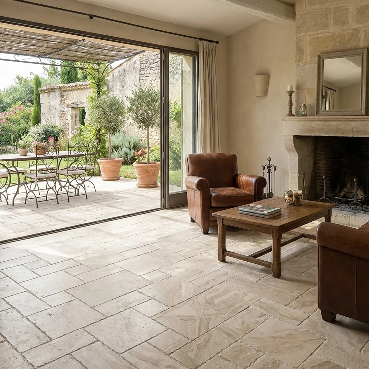 Essentials Natural Stone Beige pattern, lifestyle installation view. Premium marble for floors and walls.
