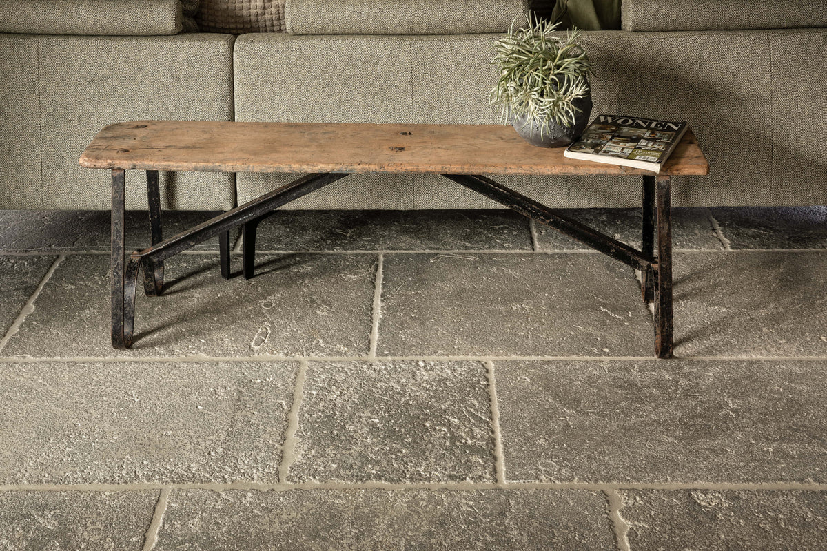 L'Heritage Reclaimed Limestones Gray field tile, lifestyle installation view 2. Premium limestone for floors and walls.