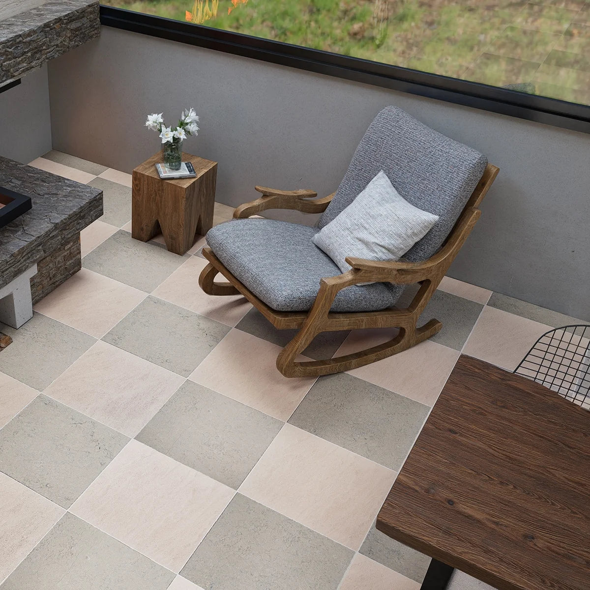 Checkerboard Patterns Multicolor checkerboard tile, product image. Premium limestone for floors and walls.