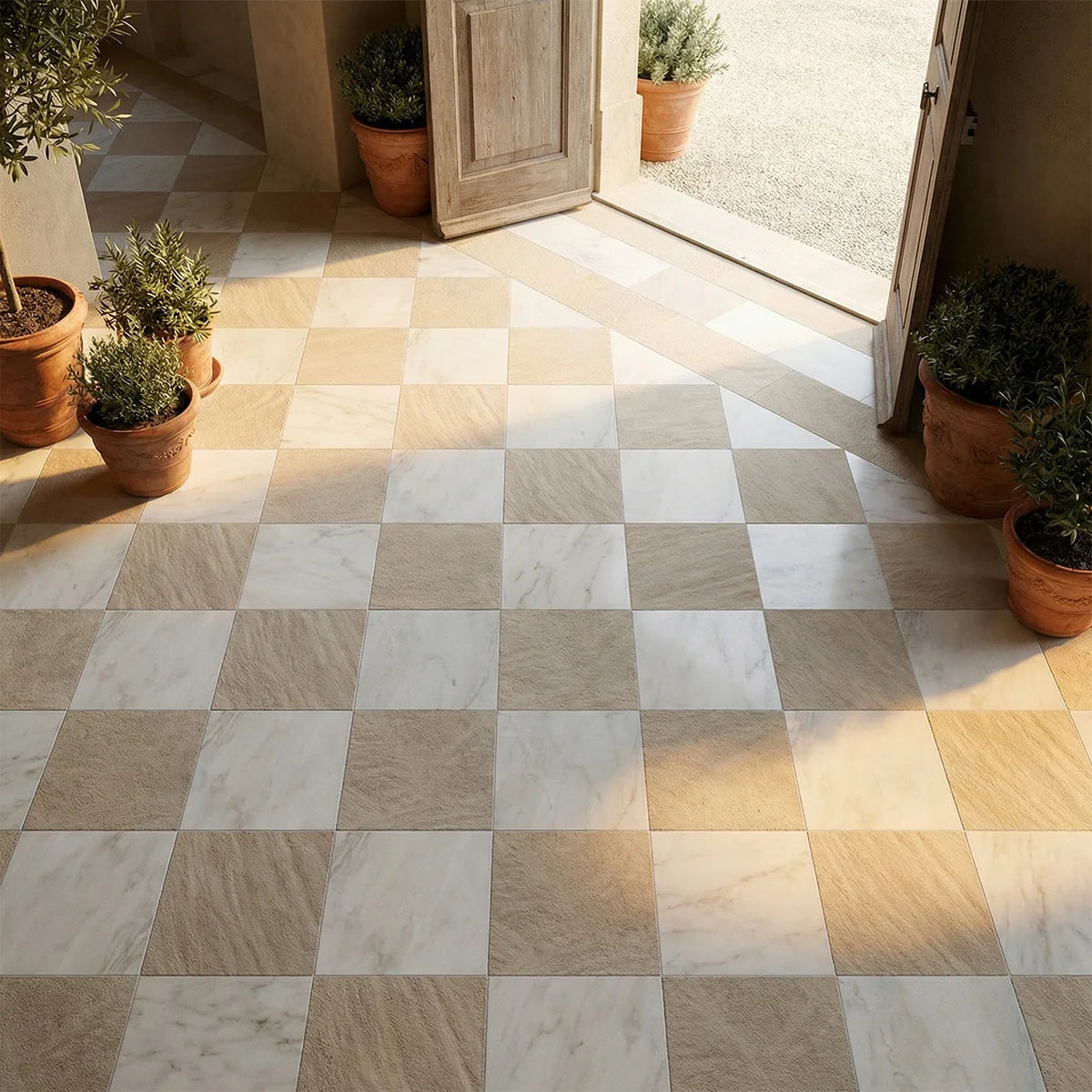 Checkerboard Patterns Multicolor checkerboard tile, product image. Premium limestone for floors and walls.