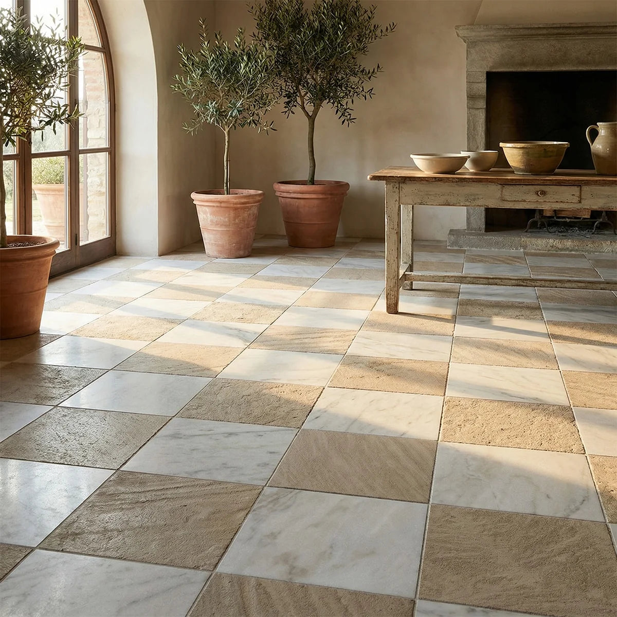Checkerboard Patterns Multicolor checkerboard tile, product image. Premium limestone for floors and walls.