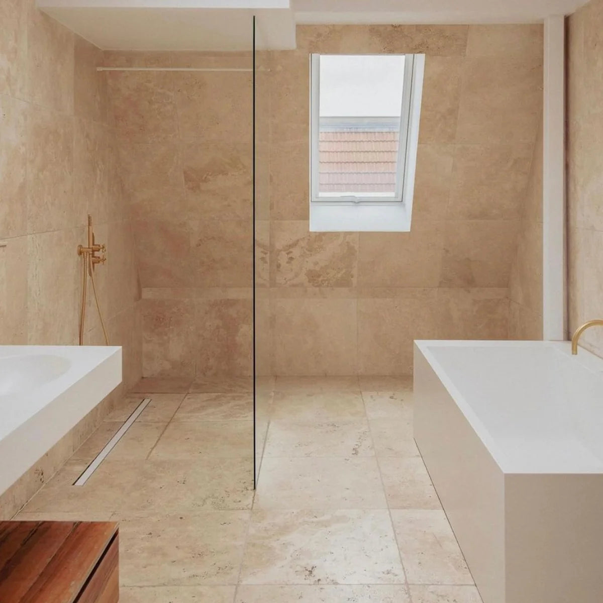 Ivory Light Travertine Beige field tile, lifestyle installation view. Premium travertine for floors and walls.
