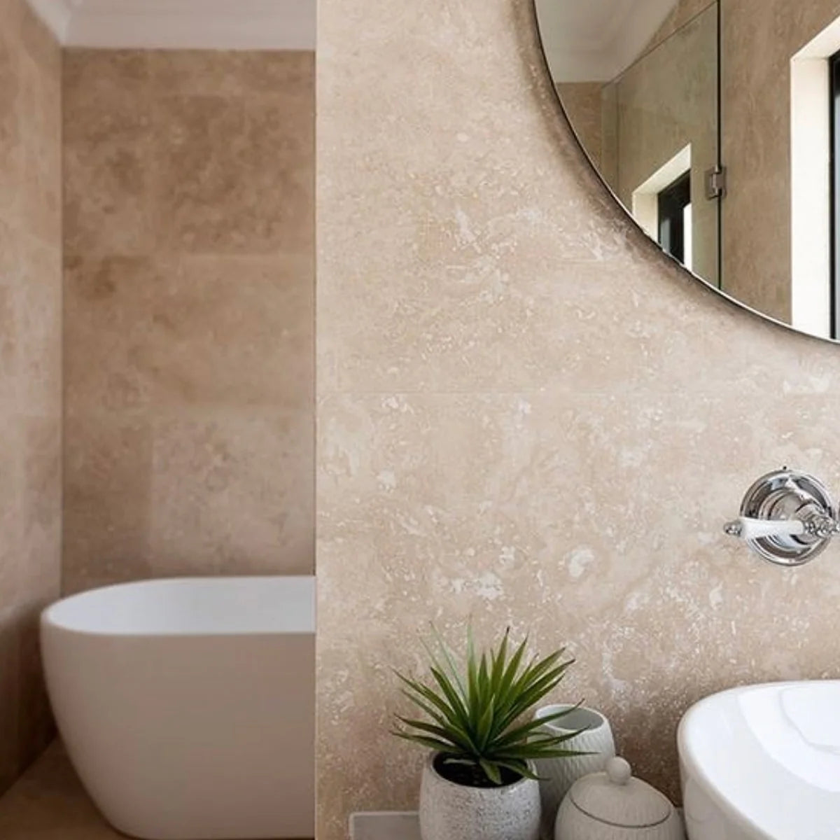 Ivory Light Travertine Beige field tile, lifestyle installation view. Premium travertine for floors and walls.