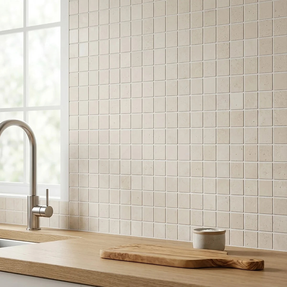 Lymra Limestone Cream mosaic, product image. Premium limestone for floors and walls.