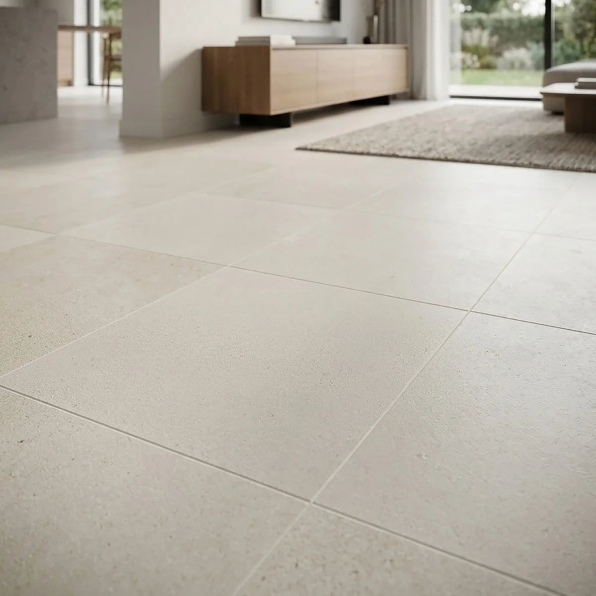 Lymra Limestone Cream field tile, lifestyle installation view 3. Premium limestone for floors and walls.