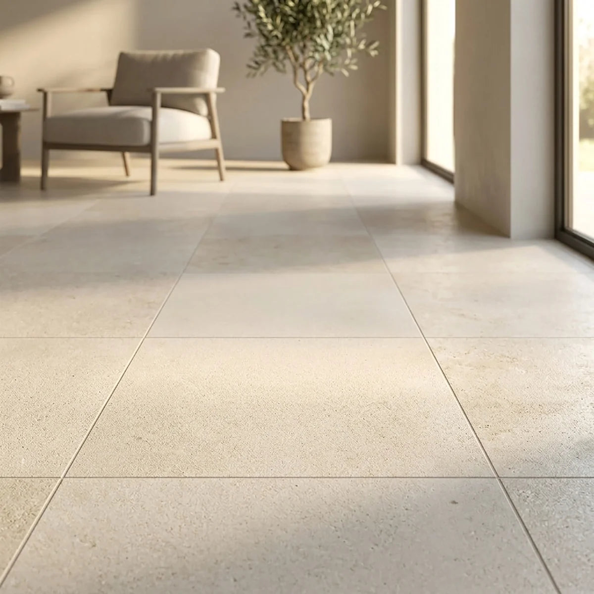 Lymra Limestone Cream field tile, lifestyle installation view 2. Premium limestone for floors and walls.
