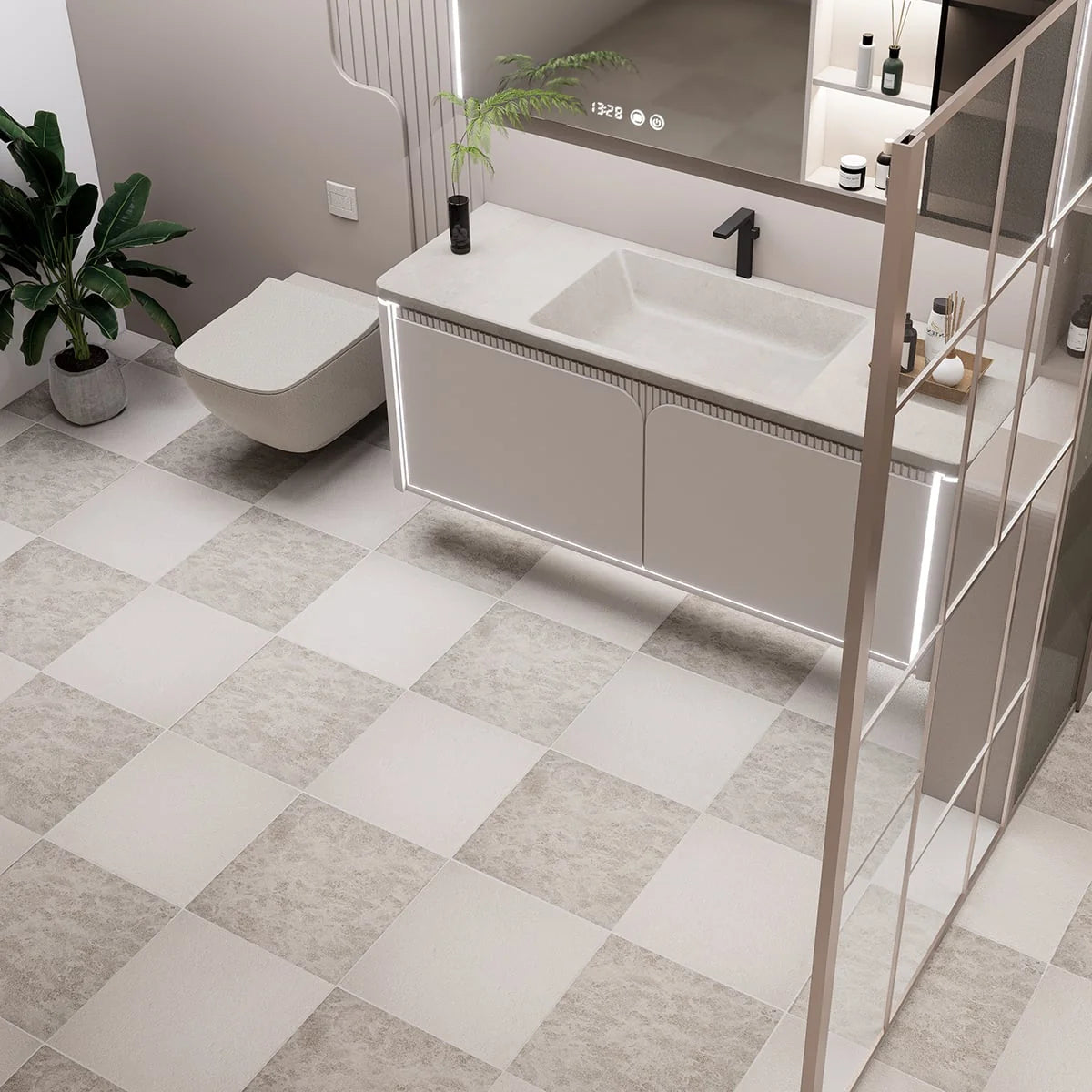 Checkerboard Patterns Multicolor checkerboard tile, lifestyle installation view. Premium limestone for floors and walls.
