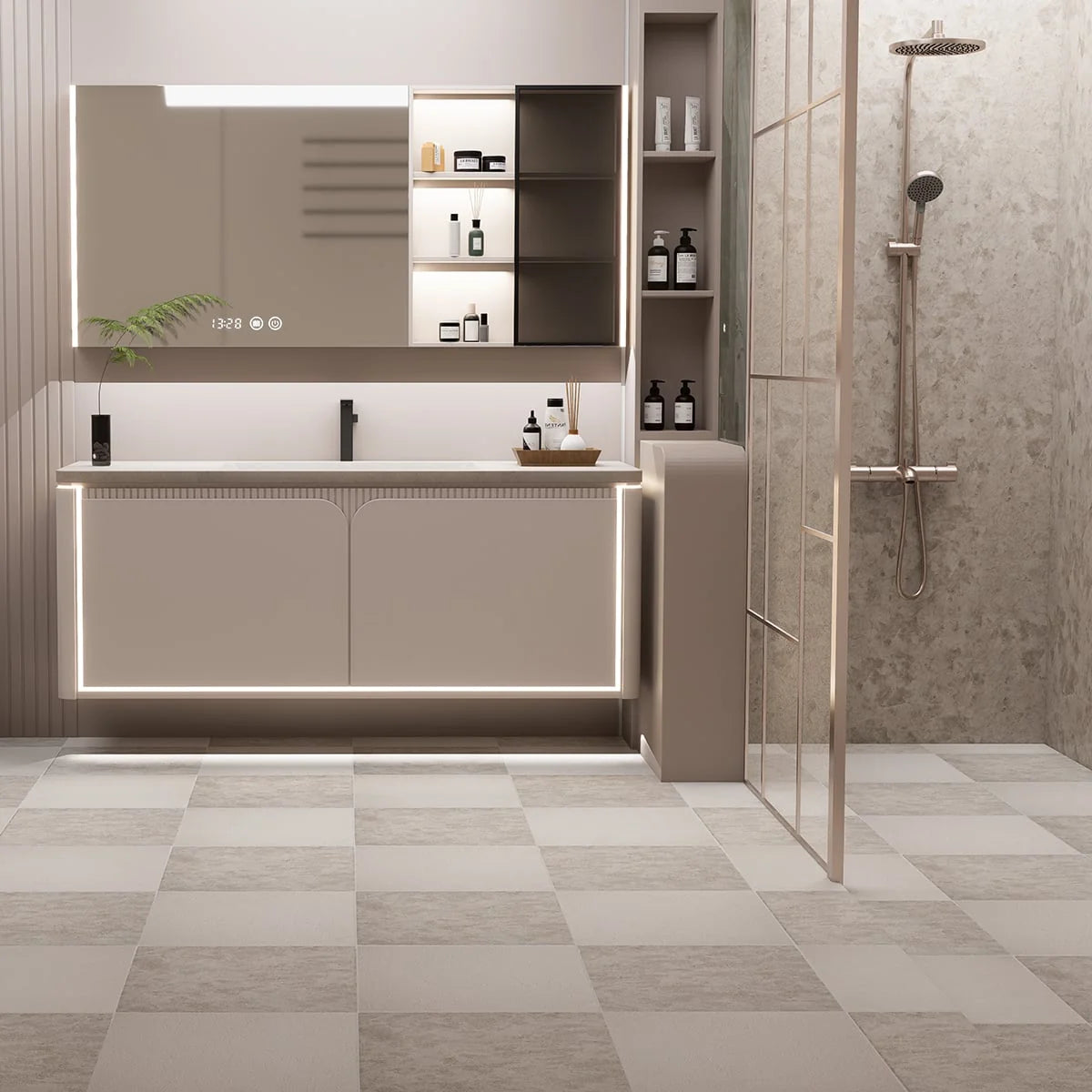 Checkerboard Patterns Multicolor checkerboard tile, lifestyle installation view. Premium limestone for floors and walls.