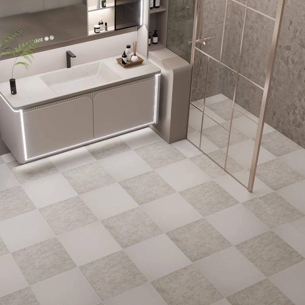 Checkerboard Patterns Multicolor checkerboard tile, lifestyle installation view. Premium limestone for floors and walls.