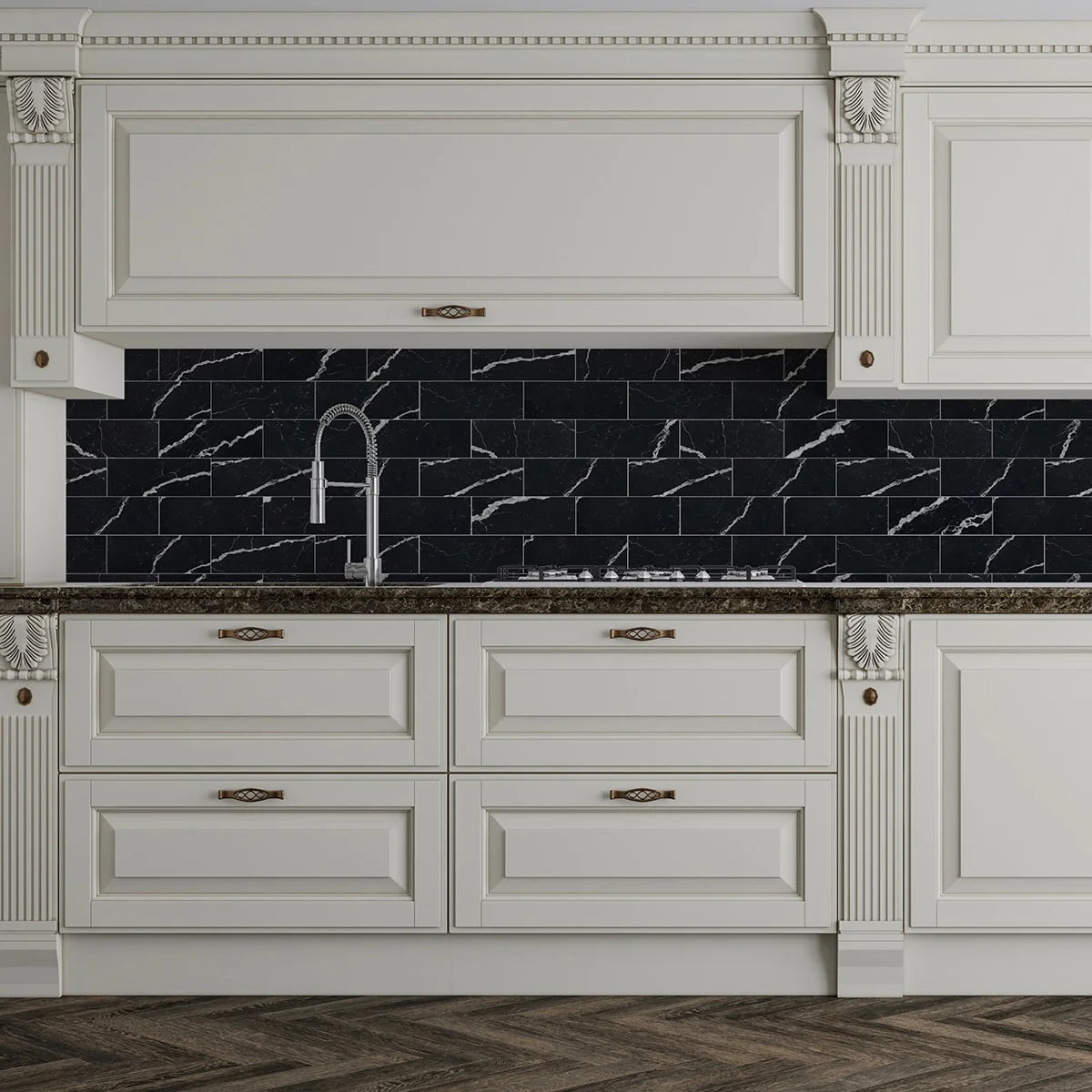 Nero Marquina Polished Marble Black field tile, lifestyle installation view 2. Premium marble for floors and walls.