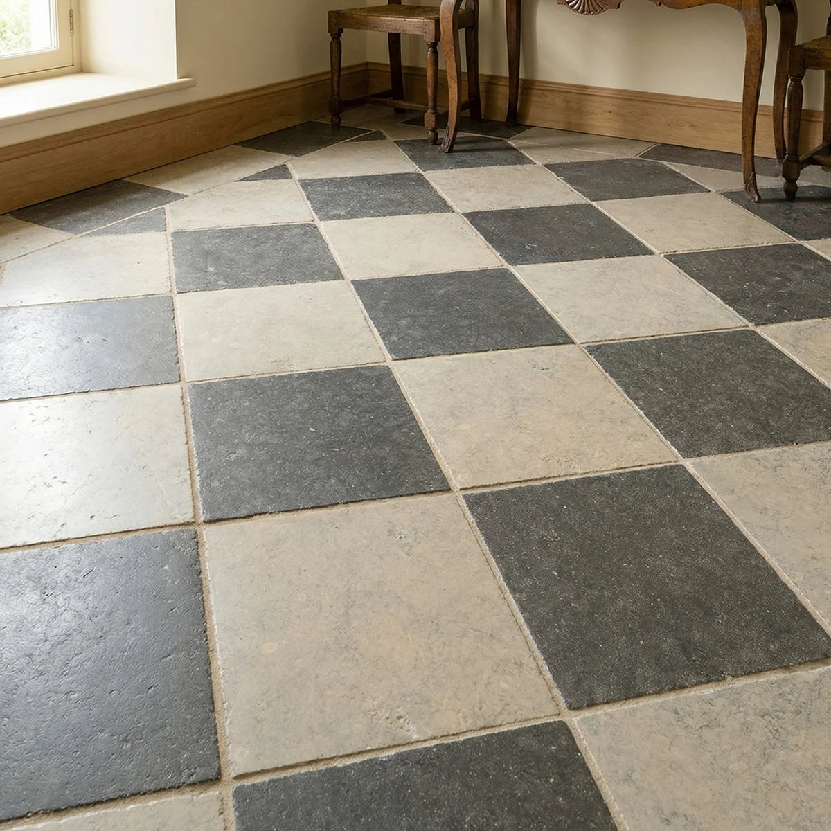 Checkerboard Patterns Multicolor checkerboard tile, product image. Premium limestone for floors and walls.