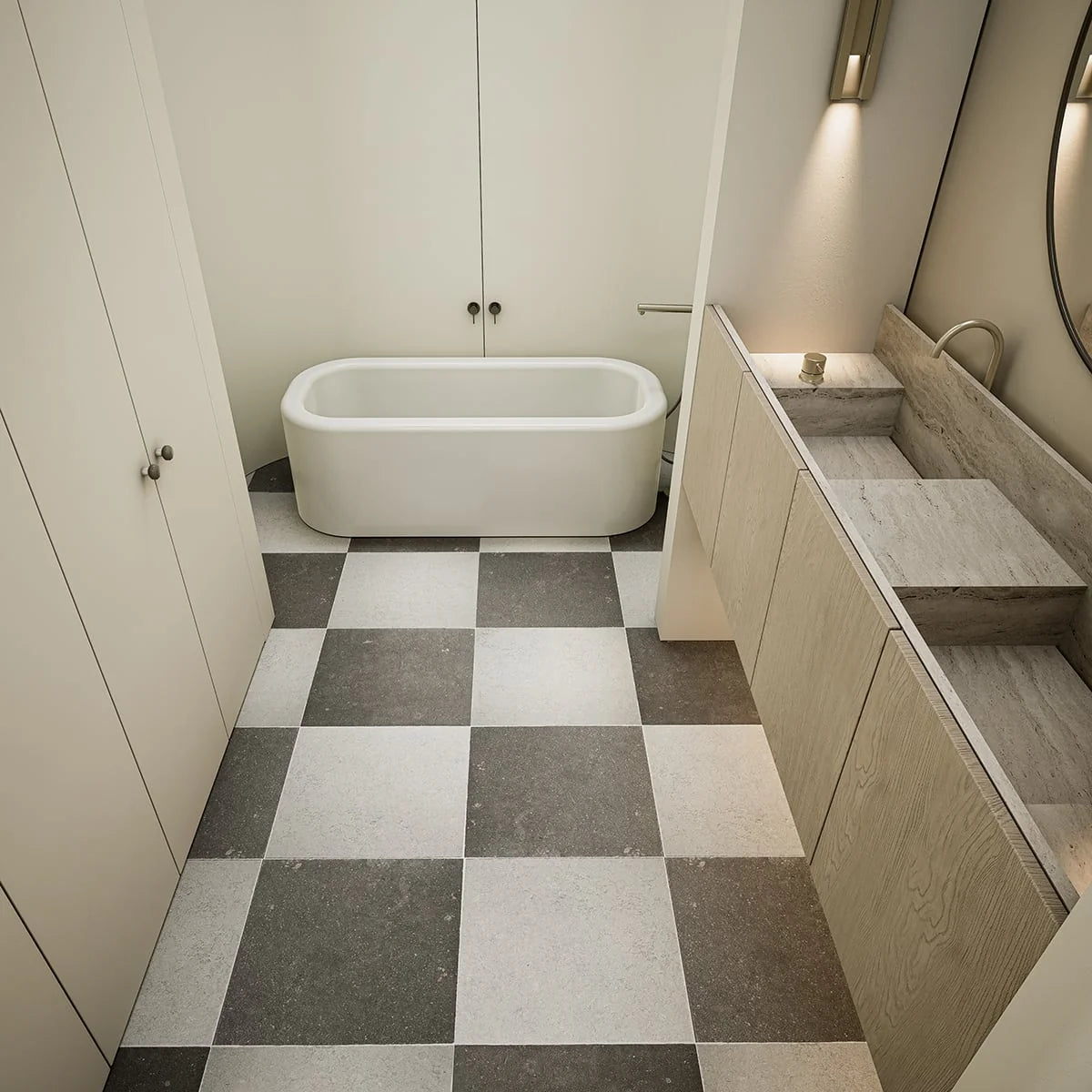 Checkerboard Patterns Multicolor checkerboard tile, lifestyle installation view. Premium limestone for floors and walls.