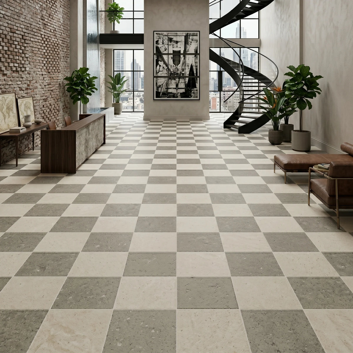 Checkerboard Patterns Multicolor checkerboard tile, product image. Premium limestone for floors and walls.