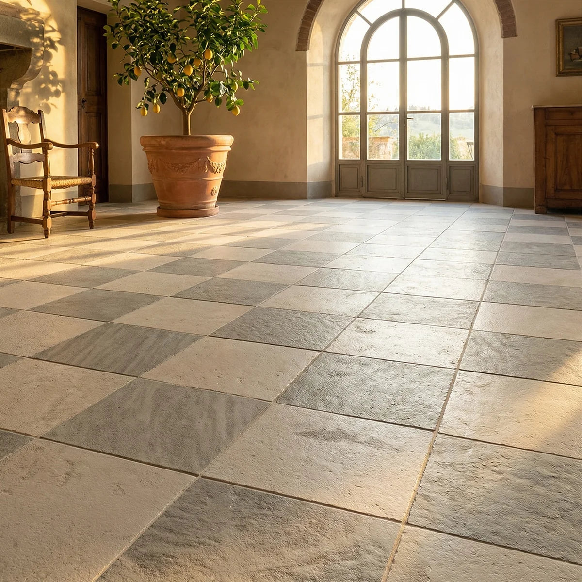 Checkerboard Patterns Multicolor checkerboard tile, product image. Premium limestone for floors and walls.