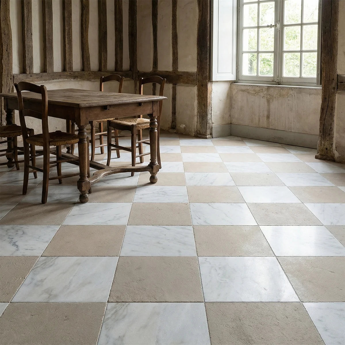 Checkerboard Patterns Multicolor checkerboard tile, product image. Premium limestone for floors and walls.