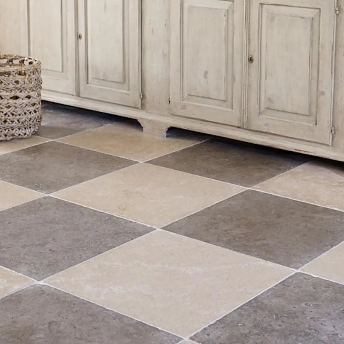 Checkerboard Patterns Multicolor checkerboard tile, lifestyle installation view. Premium limestone for floors and walls.