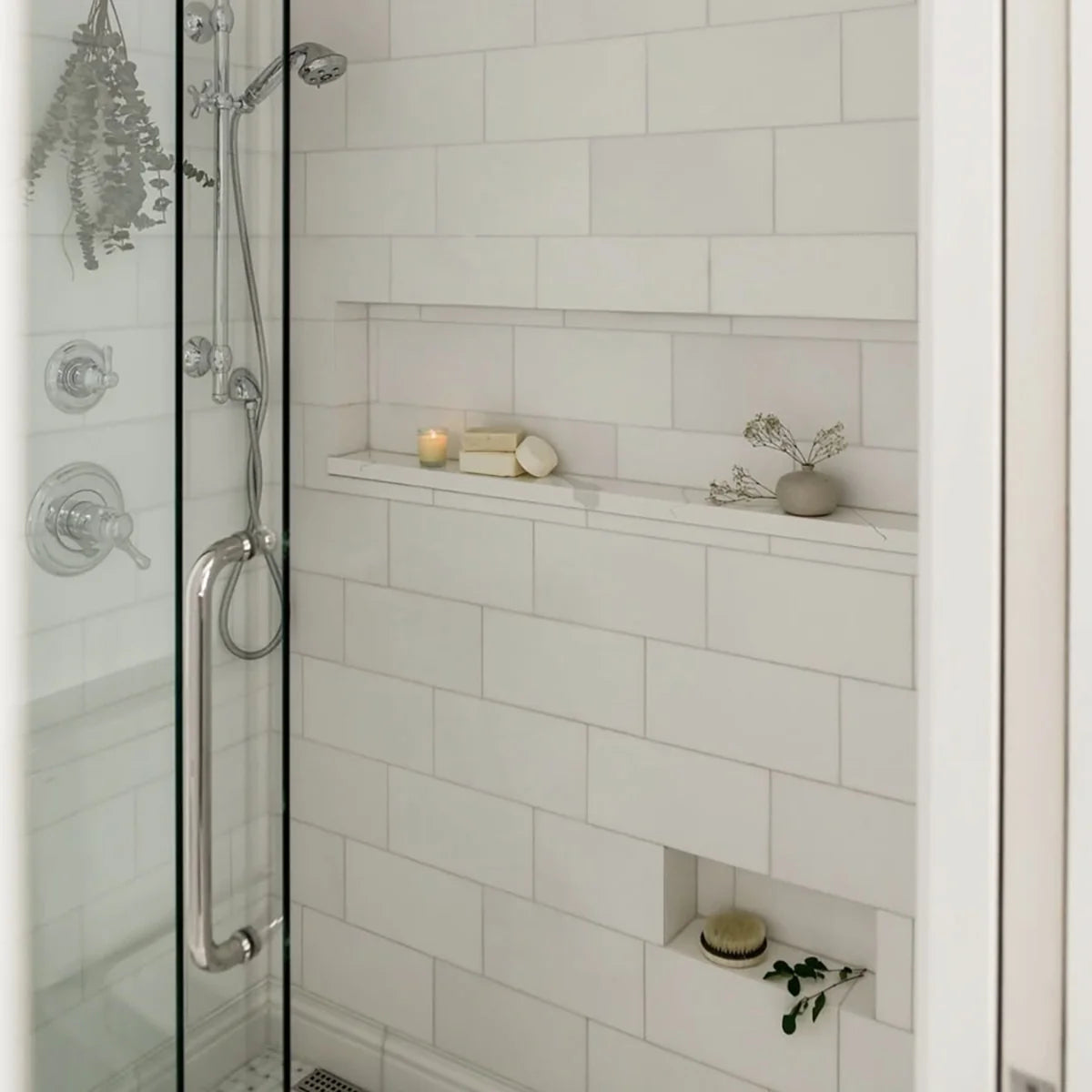Thassos White Honed Marble White field tile, lifestyle installation view. Premium marble for floors and walls.