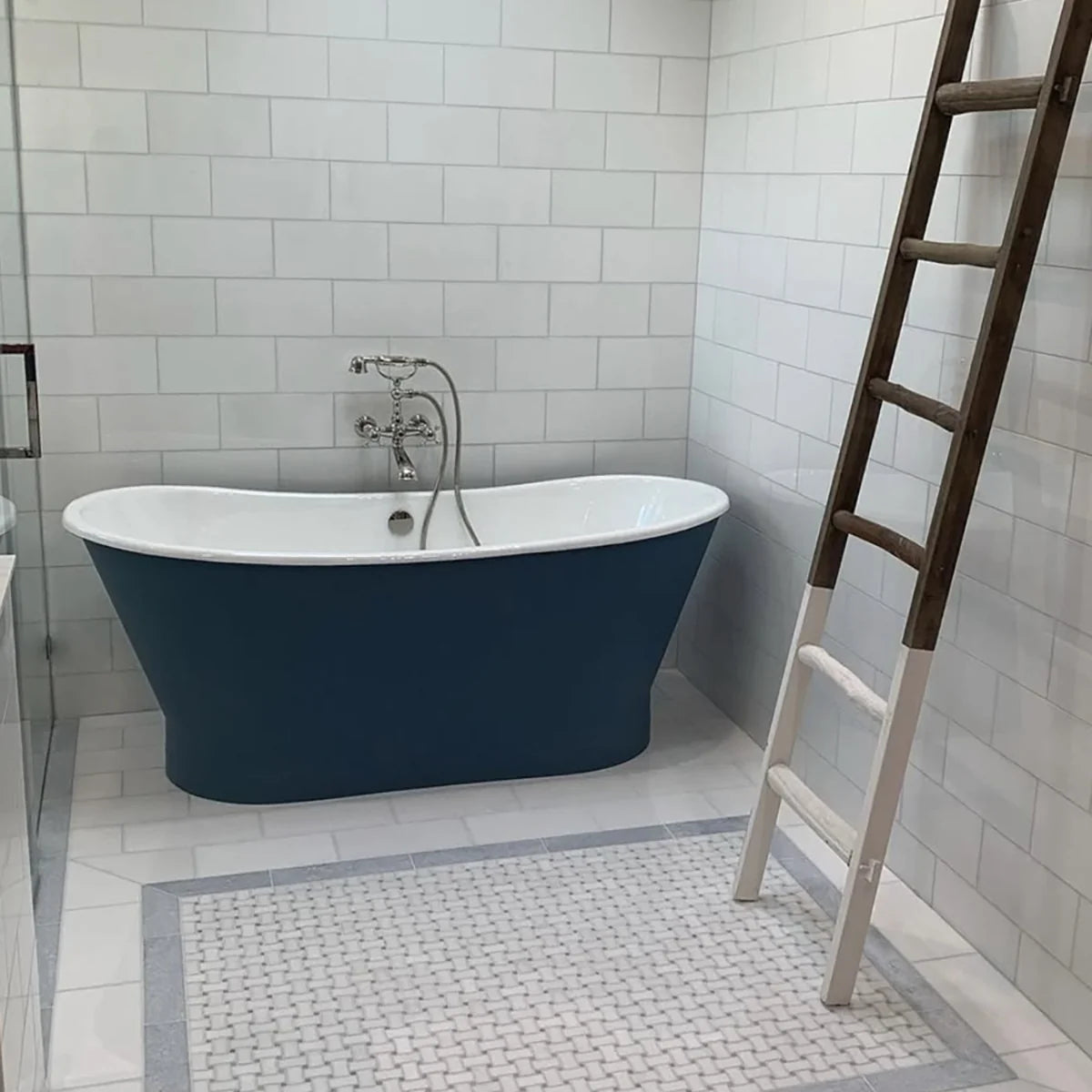 Thassos White Honed Marble White field tile, lifestyle installation view. Premium marble for floors and walls.