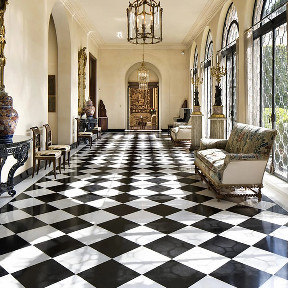 Checkerboard Patterns Multicolor checkerboard tile, product image. Premium marble for floors and walls.