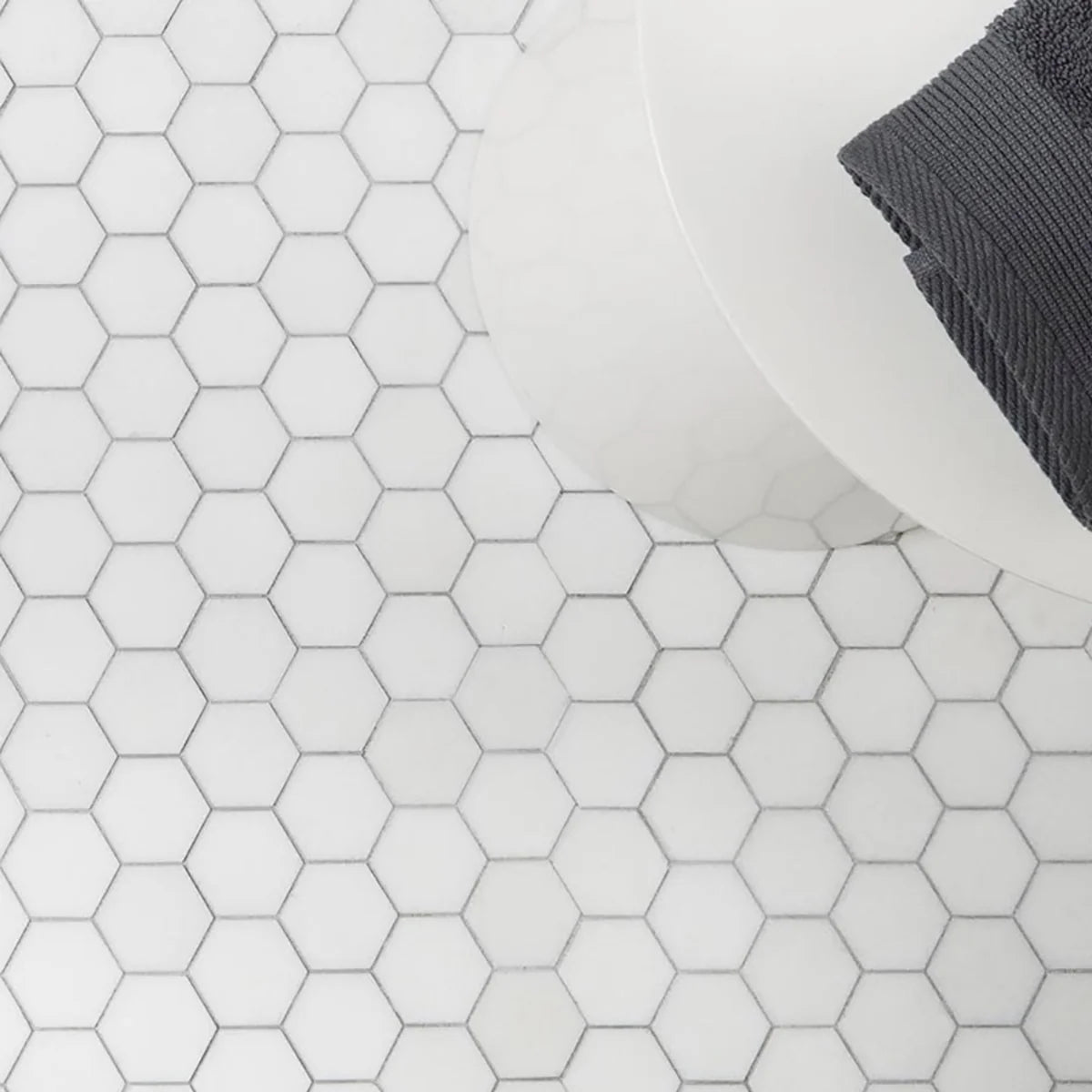 Thassos White Polished Marble White mosaic, lifestyle installation view. Premium marble for floors and walls.