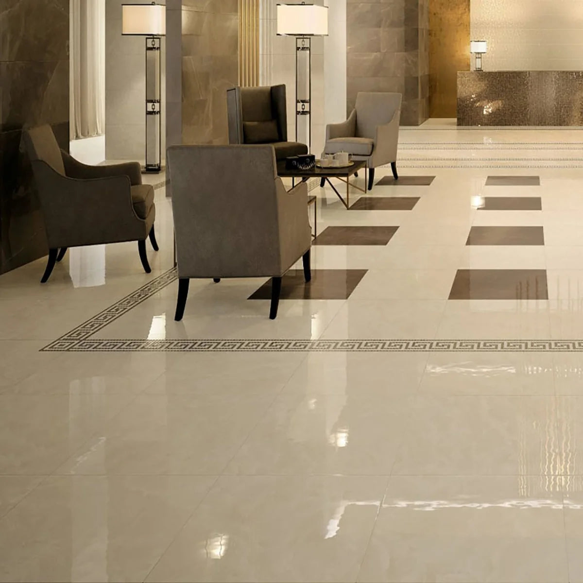 Essentials Natural Stone White field tile, lifestyle installation view 1. Premium marble for floors and walls.