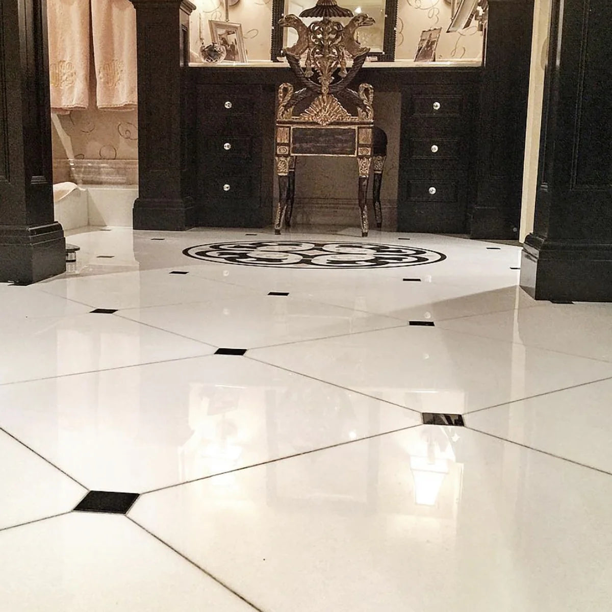 Essentials Natural Stone White field tile, lifestyle installation view 2. Premium marble for floors and walls.