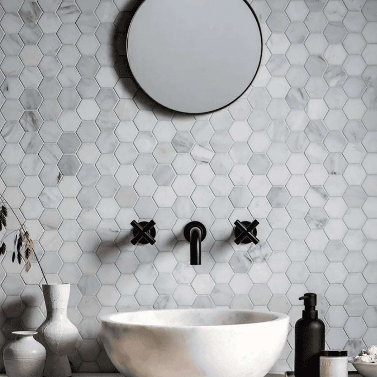White Carrara Honed Marble White mosaic, lifestyle installation view. Premium marble for floors and walls.