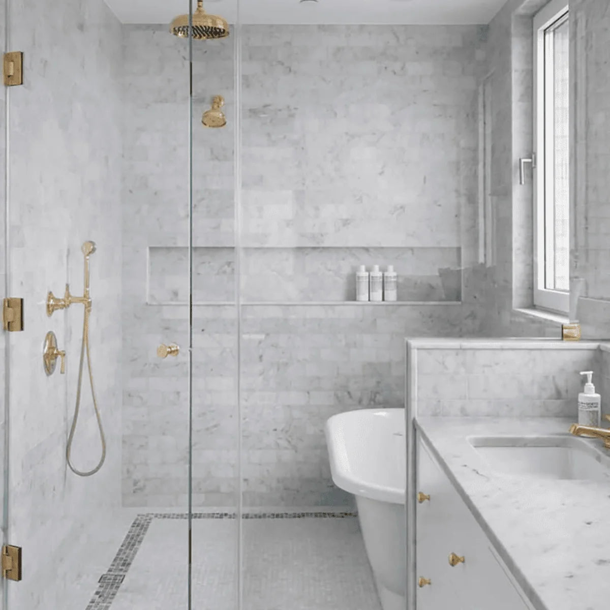 White Carrara Polished Marble White field tile, lifestyle installation view. Premium marble for floors and walls.