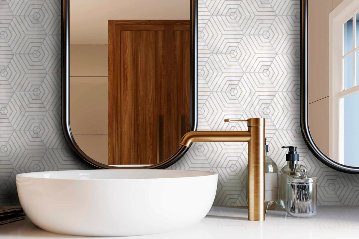 Orion Gold field tile, lifestyle installation view, 6"×5 3/16"×3/8" size. Premium marble for floors and walls.