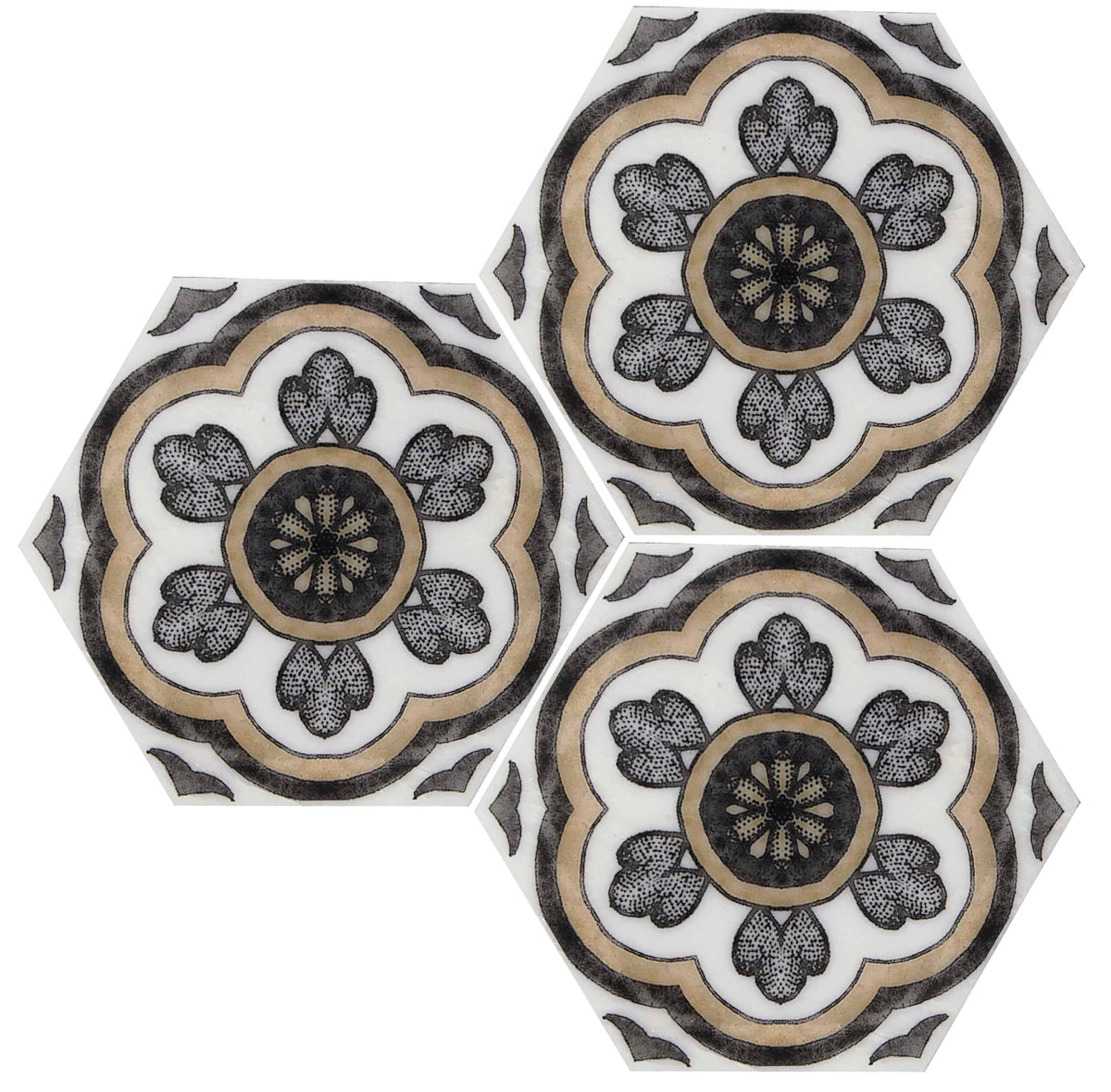 Rosette Camel field tile, product image, 6"×5 3/16"×3/8" size. Premium marble for floors and walls.