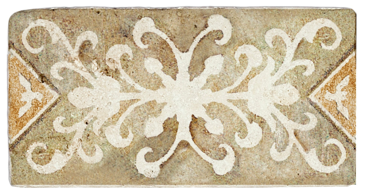 Amaretti Amber field tile, top-down product view, 3"×6"×3/8" size. Premium travertine for floors and walls.