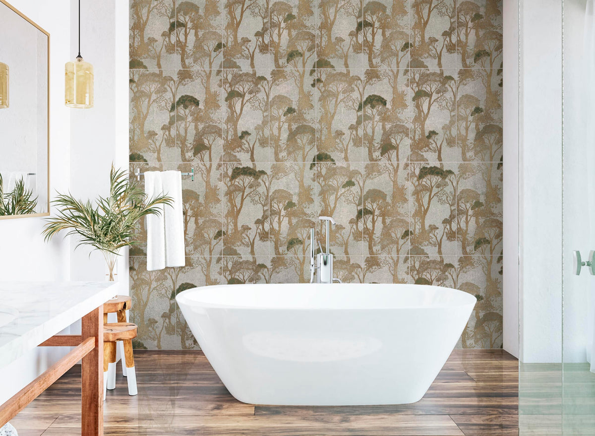 Arboretum Gilded Bark field tile, lifestyle installation view, 12"×24"×3/8" size. Premium limestone for floors and walls.