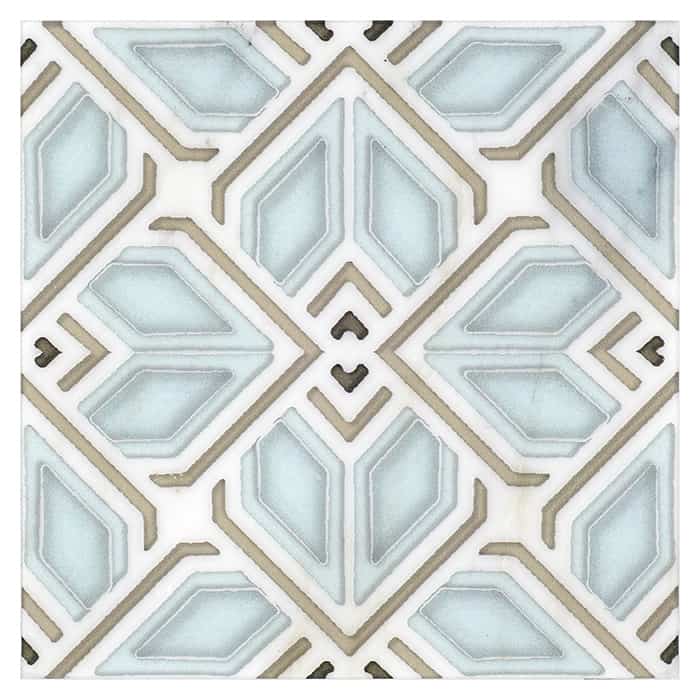 Avery Grande Sky field tile, top-down product view, 6"×6"×3/8" size. Premium marble for floors and walls.