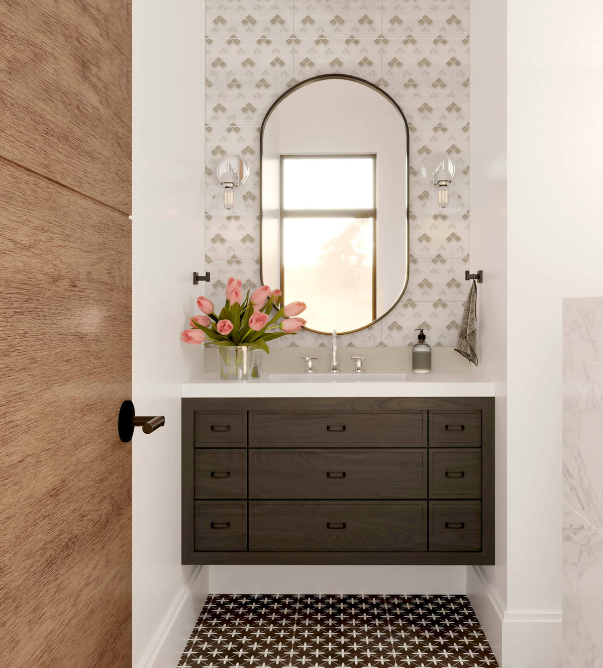 Bakasana Blocks Forest field tile, lifestyle installation view, 12"×24"×3/8" size. Premium limestone for floors and walls.