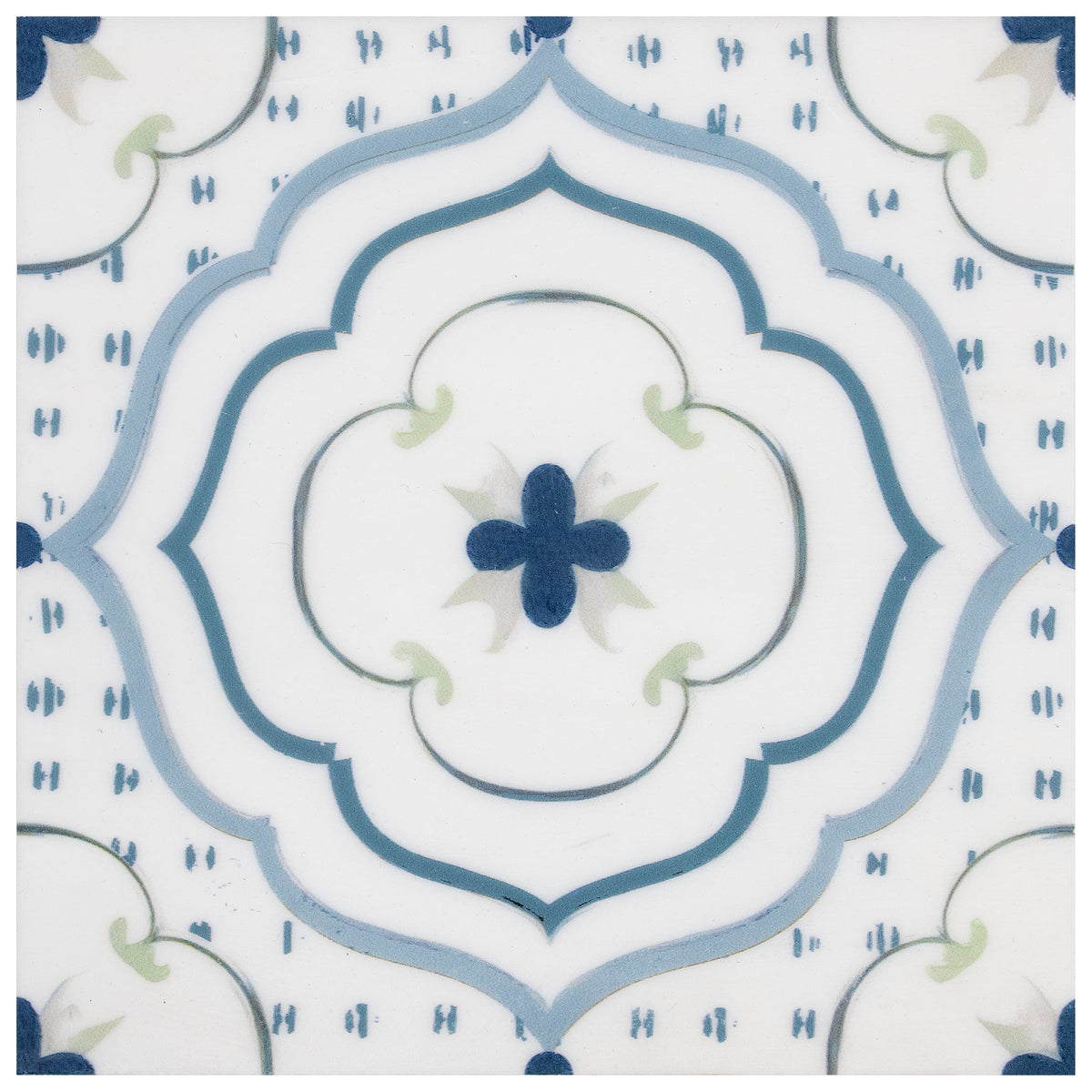 Belara Blueveil field tile, top-down product view, 6"×6"×3/8" size. Premium dolomite for floors and walls.