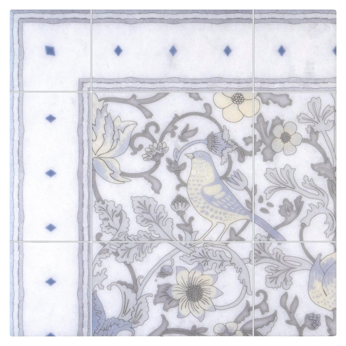 Birds Of Eden Blue field tile, top-down product view, 6"×6"×3/8" size. Premium marble for floors and walls.