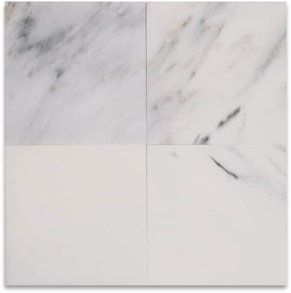 Carrara Blanco field tile, top-down product view, 6"×6"×3/8" size. Premium marble for floors and walls.