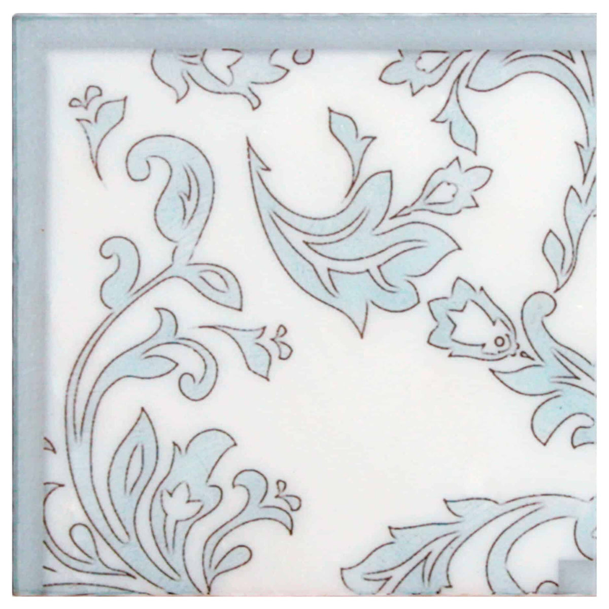 Charleston Carolina Blue field tile, top-down product view, 3"×3"×3/8" size. Premium travertine for floors and walls.