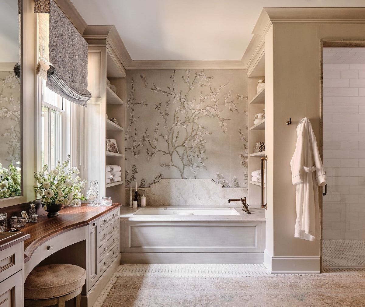 Cherry Blossoms Neutral field tile, lifestyle installation view, 6"×6"×3/8" size. Premium travertine for floors and walls.
