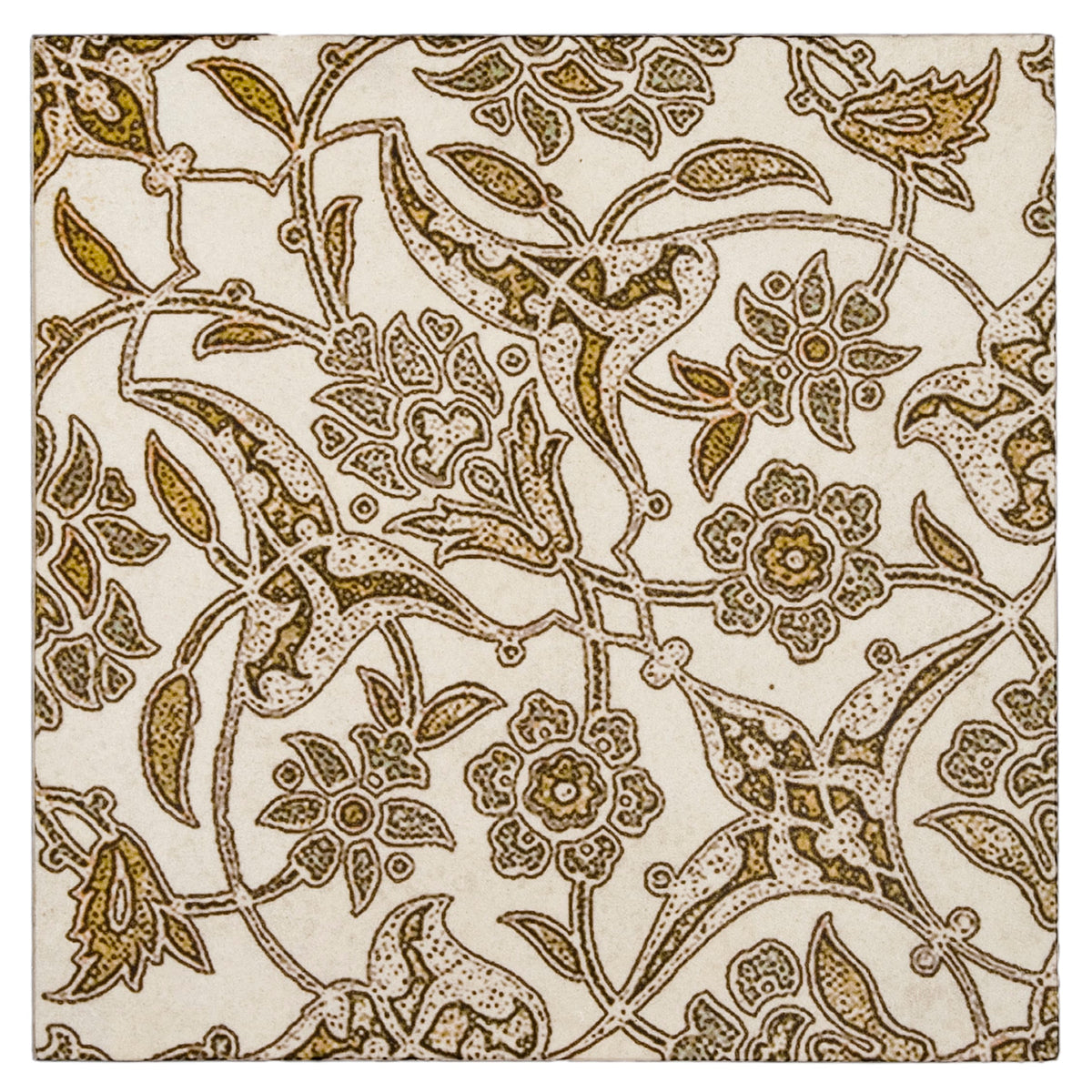 Crewel Gold field tile, top-down product view, 6"×6"×3/8" size. Premium travertine for floors and walls.