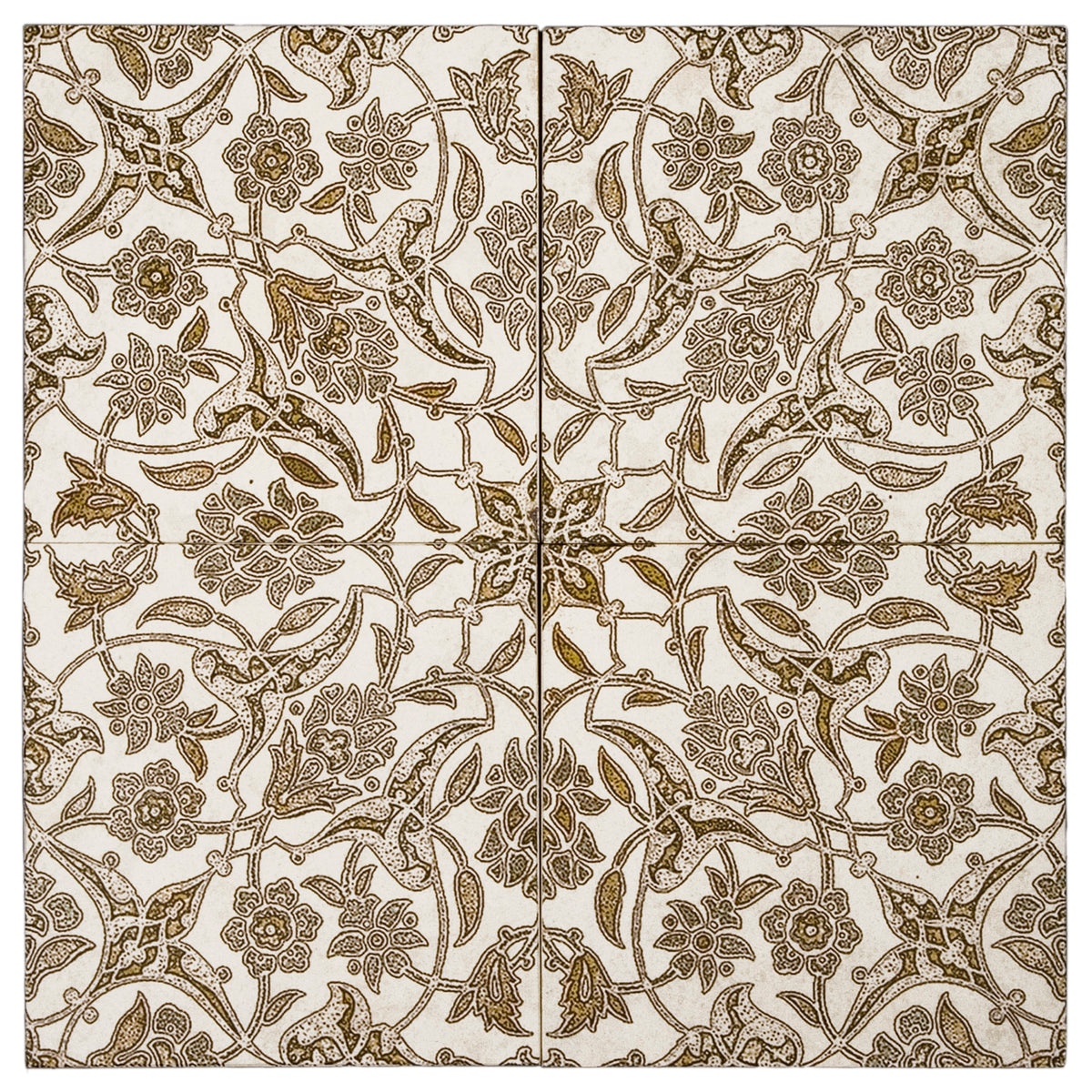 Crewel Gold field tile, top-down product view, 12"×12"×3/8" size. Premium travertine for floors and walls.