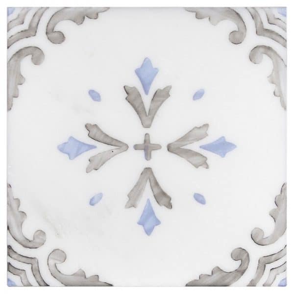 Crystal Blue field tile, top-down product view, 6"×6"×3/8" size. Premium marble for floors and walls.