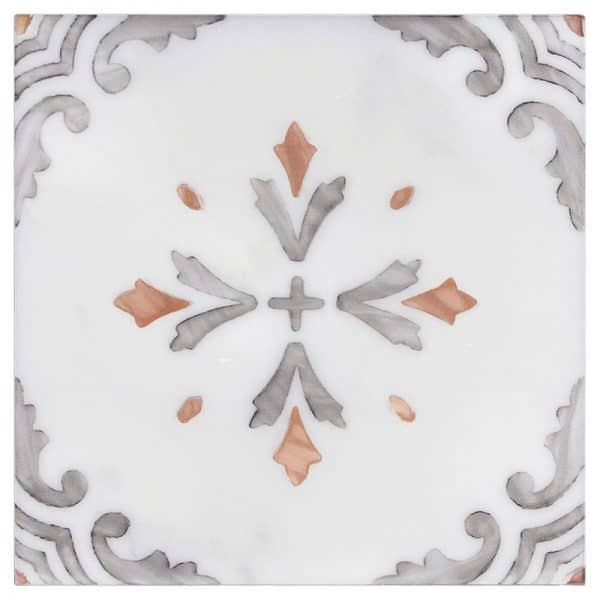 Crystal Fire field tile, top-down product view, 6"×6"×3/8" size. Premium marble for floors and walls.